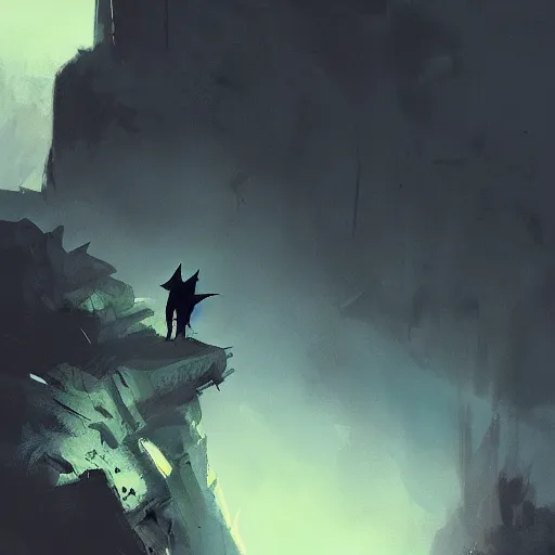 Prompt: batman figure standing on the side of the cliff, dramatic, dramatic lighting, by ismail inceoglu