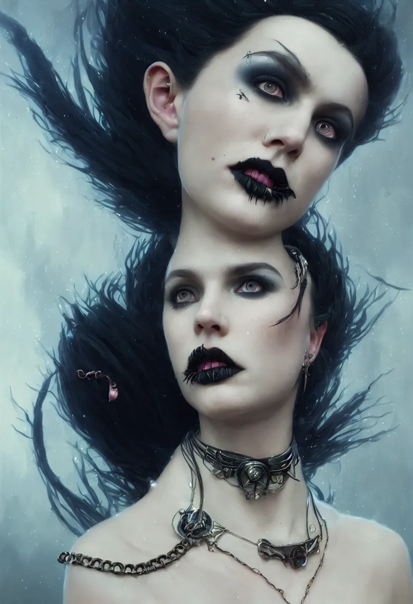 Image similar to beautiful very extreme closeup portrait, reflection in mirrors, goth girl, piercings collar, mohawk hairstyle, medieval dress. witch, makeup. unreal engine, greg rutkowski, loish, rhads, beeple, tom bagshaw, alphonse mucha, global illumination, detailed and intricate environment