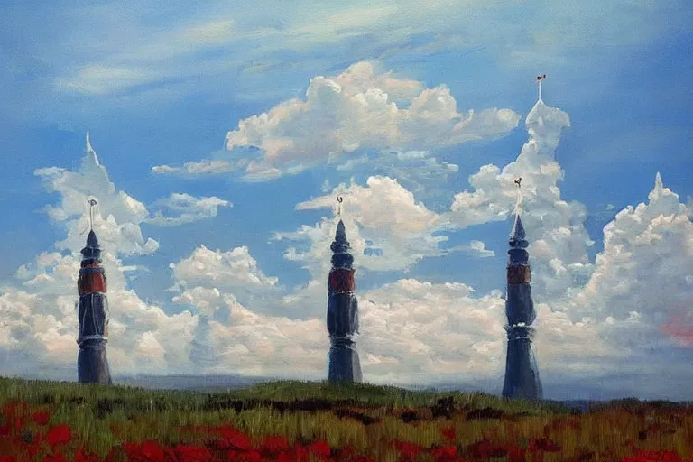 Image similar to cloud spires by russian artist sergey kuznetsov