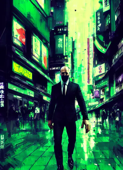 Image similar to jason statham as masked jaguar god walking in shinjuku, green and purple hour by ismail inceoglu