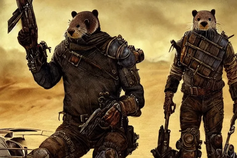 Image similar to a good ol'otter fursona ( from the furry fandom ), heavily armed and armored facing down armageddon in a dark and gritty version from the makers of mad max : fury road. witness me.