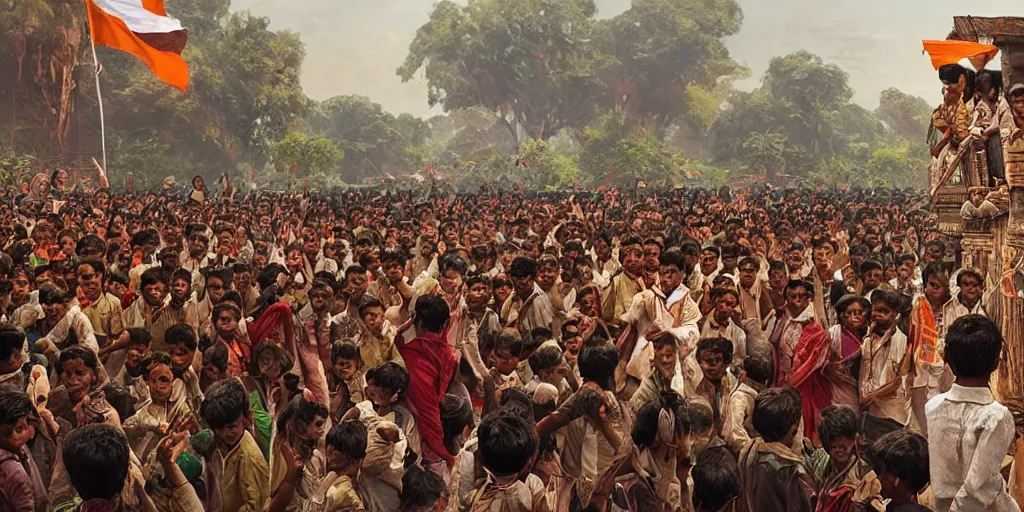 Image similar to cultural activities at a local school in india on independence day, cinematic composition, a fantasy digital painting by greg rutkowski and james gurney, trending on artstation, highly detailed, hyperrealistic, realistic, photorealistic, dynamic lighting, highly detailed, cinematic landscape, studio landscape, studio lighting