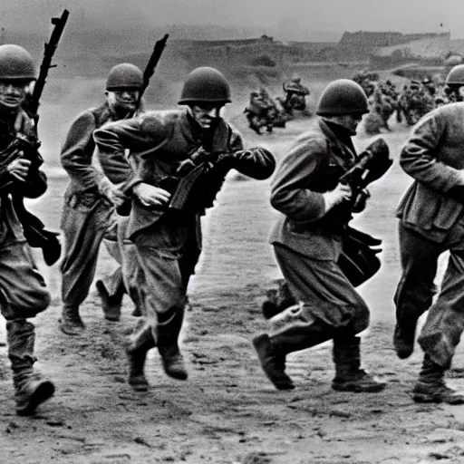 Prompt: the running soldiers in the d - day, by robert capa,