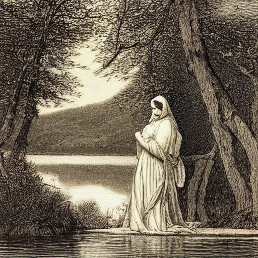 Image similar to a beautiful woman at a lake, illustration by Gustav Doré