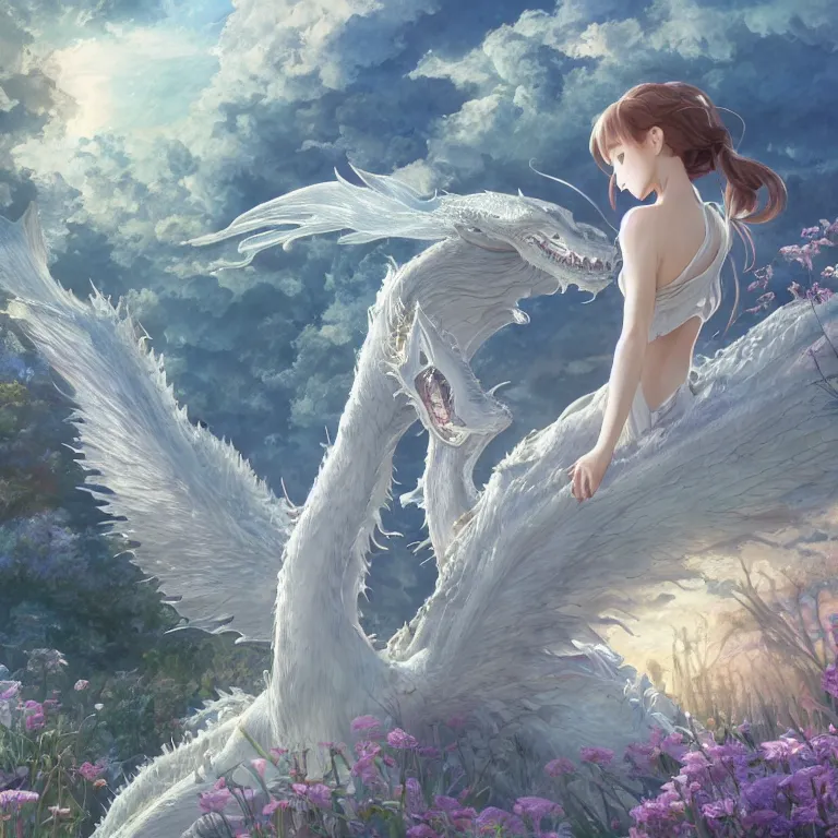 Image similar to the beautiful hyper detailed scene render that a lonely beautiful girl lies in the arms of a huge silver white dragon alone in fairyland surrounded by white clouds, finely detailed angelic face delicate, style of studio ghibli, makoto shinkai, raphael lacoste, louis comfort tiffany, artgerm, james jean, ross tran, animation style, hd, ultra wide angle