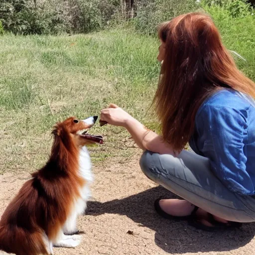 Image similar to a giant Sheltie is looking down at it's ant sized human owner