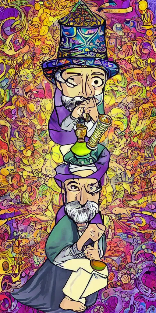 Image similar to a mystical man with a goblet on the table, wizard hat, psychedelic, Korean animation