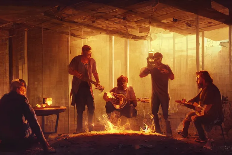 Prompt: three guys in night at the yard speaking while grilling kebabs and one guy playing guitar, evening, volumetric lighting, glowing lights, 4k, octane, digital painting, artstation, concept art, sharp focus, illustration, art by artgerm and greg rutkowski and alphonse mucha