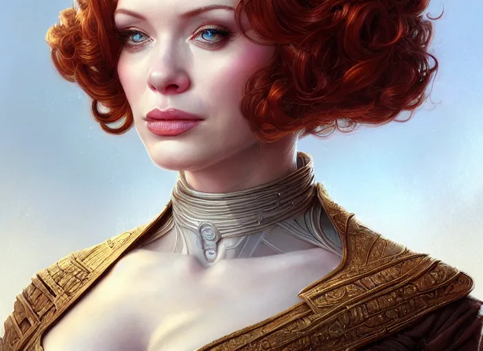 Prompt: low angle portrait shot of christina hendricks in star wars, intricate, elegant, highly detailed, centered, digital painting, artstation, concept art, smooth, sharp focus, illustration, artgerm, tomasz alen kopera, peter mohrbacher, donato giancola, joseph christian leyendecker, wlop, boris vallejo