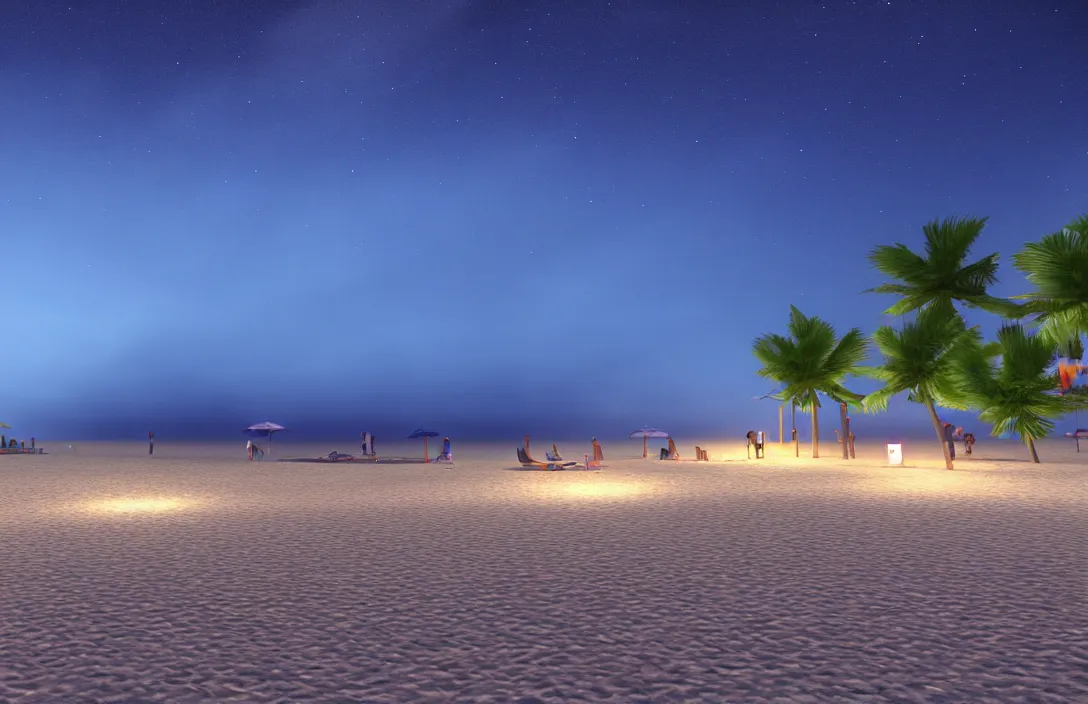 Image similar to on the beach by the sea, at night, unreal engine rendering