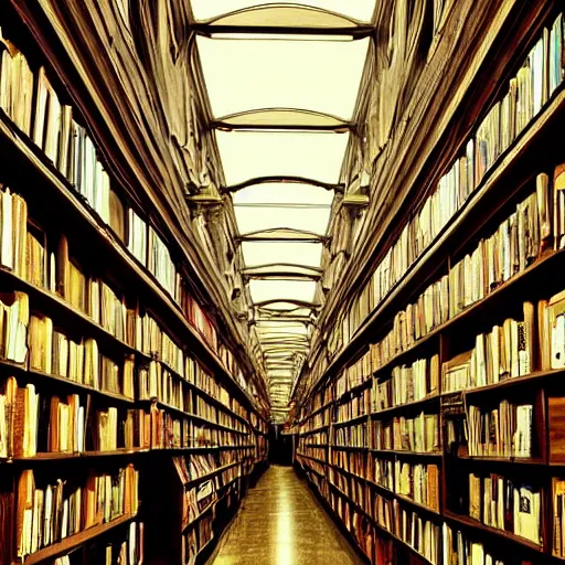 Prompt: “lost in a labyrinth that is Powell’s City of Books. Creepy liminal photo. Hyperrealistic, benchmark resolution photo”