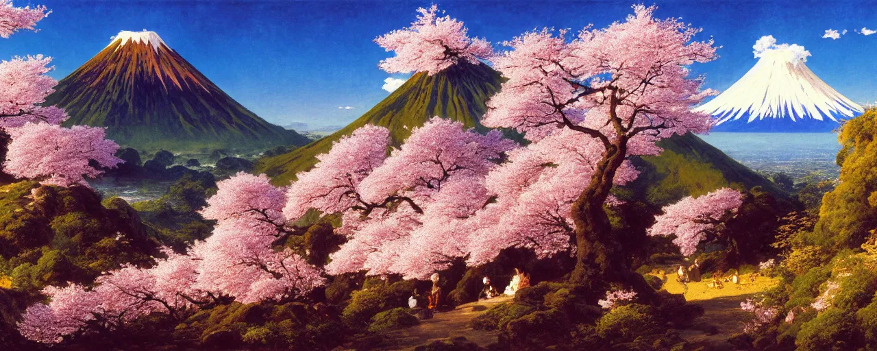 Prompt: ghibli illustrated background of a strikingly beautiful over a volcano with cherry blossom by eugene von guerard, ivan shishkin, albert edelfelt, john singer sargent, 4 k