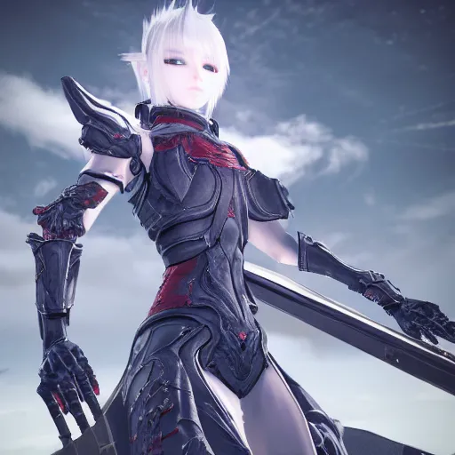 Prompt: a red au ra xaela with grey hair in a suit of astronaut armor with their futuristic scythe drawn, Final Fantasy FFXIX, high octane, detailed 3D rendered in unreal engine, 4k