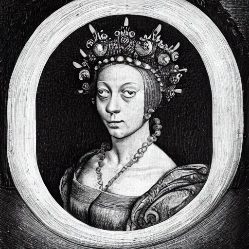 Image similar to a renaissance style portrait of an octopus wearing a crown and a cape, dark background