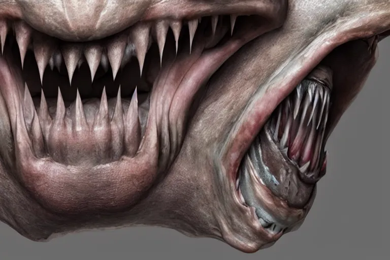 Prompt: half human half shark made of muscles and flesh, very angry, teeth, ambient light, terror, glows, realistic, photo - realism, hyper realism, picture, detailed, 3 d render, scary, distant shot, in the distance,