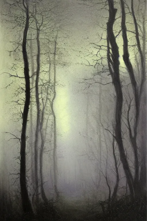 Prompt: dark and spooky painting of a forest dimly lit at night with tiny purple morning glory flowers trailing at the base of trees. foggy cinematic volumetric darkness, muted colour palette, detailed oil painting on canvas robert hughes, john everett millais