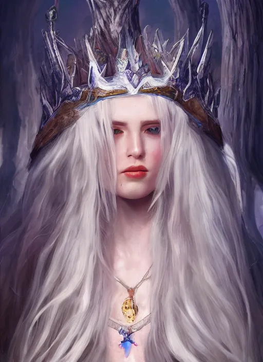 Image similar to Elf queen with long white hair, fantasy, medieval, vivid colors, fantasy, elegant, concept art, sharp focus, beautiful face!!, digital art, Hyper-realistic, 4K, Unreal Engine, Highly Detailed, HD, Dramatic Lighting by Brom, trending on Artstation