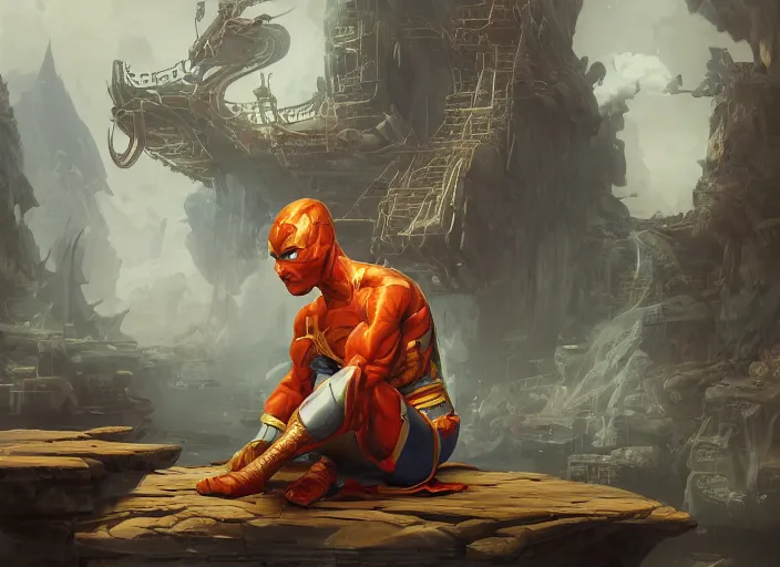 Image similar to an insanely detailed painting of an asian man wearing a homemade superhero costume, sitting at a desk, staring seriously at the computer and typing, in the style of peter mohrbacher, james jean, artgerm, dramatic lighting and composition, surreal background, octane render, pixar, trending on artstation, concept art, comic book, view from behind, 8 k