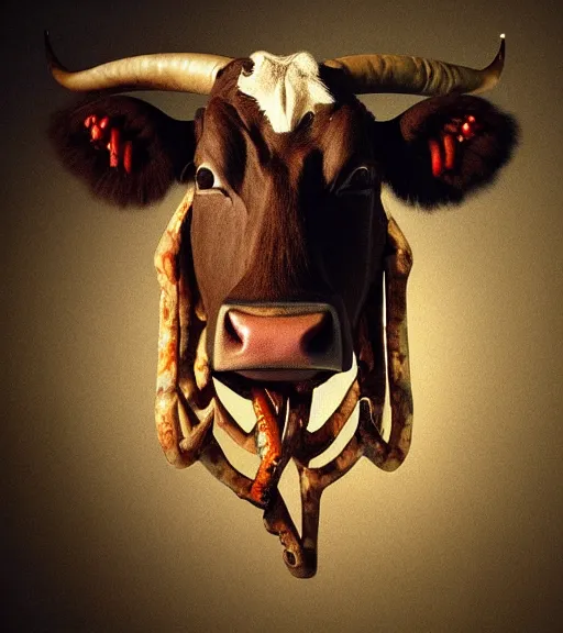 Prompt: a cow with giant demonic horns, hyperrealistic painted portrait by rembrandt!!!, michelangelo, leonardo da vinci, biomechanical!!!, intricate detail, advanced lighting technology, artstation, high quality render
