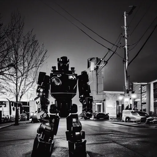 Image similar to giant robot at night, humanoid, eyes, historical photo, grainy, vintage, stark light, dramatic lighting, evil smile, street at night, cars in the background, trash on the ground, night sky, scary, evil