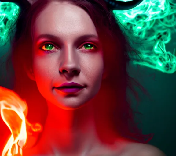 Image similar to portrait of a woman with horns made of flames and glowing green eyes, in the wisps of thick smoke, looking into the camera, studio photography, studio lighting, realistic render, octane render, 4 k, 8 k, face in focus