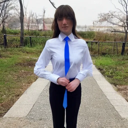 Image similar to a girl with blue eyes is wearing a tie and a white shirt