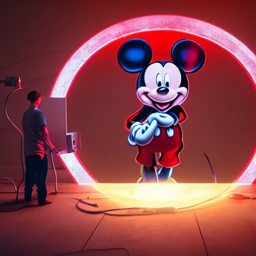 Image similar to render of mechanics repairing 3 d mickey mouse head in science lab, behind is glowing red netflix logo, made by beeple, cgsociety, unreal engine, octane render, greg rutkowski, alphonse mucha, cinematic lighting, dark room, low light, sharp focus, 4 k highly detailed art