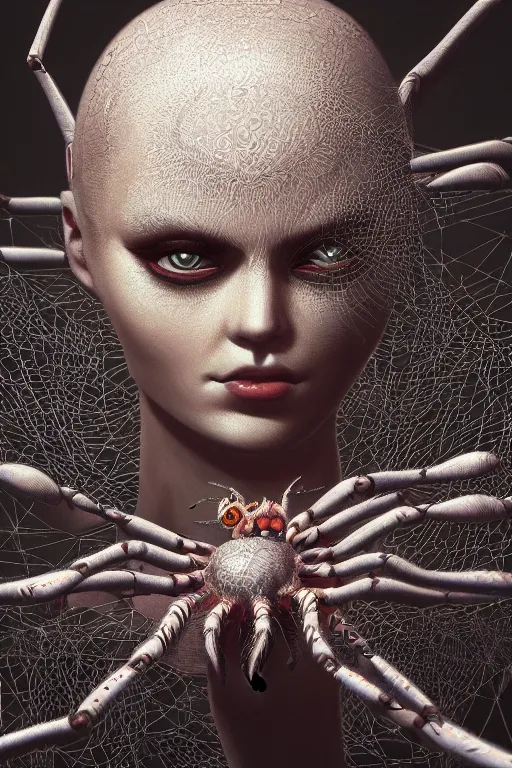 Prompt: ultra realist and ultra intricate detailed soft painting of an arachne, symmetry features, sensual gloomy style, volumetric clouds, cyberpunk background, artstation, unreal render, depth of field