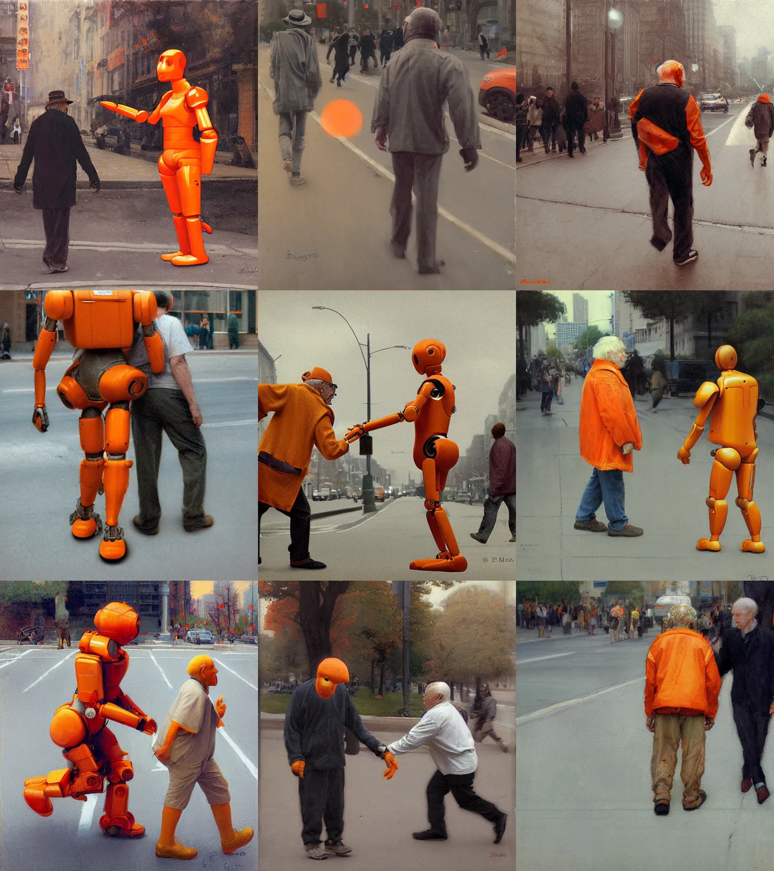 Prompt: : realistic photograph of an orange robot helping an elderly man cross the street + by Edgar Maxence and Ross Tran