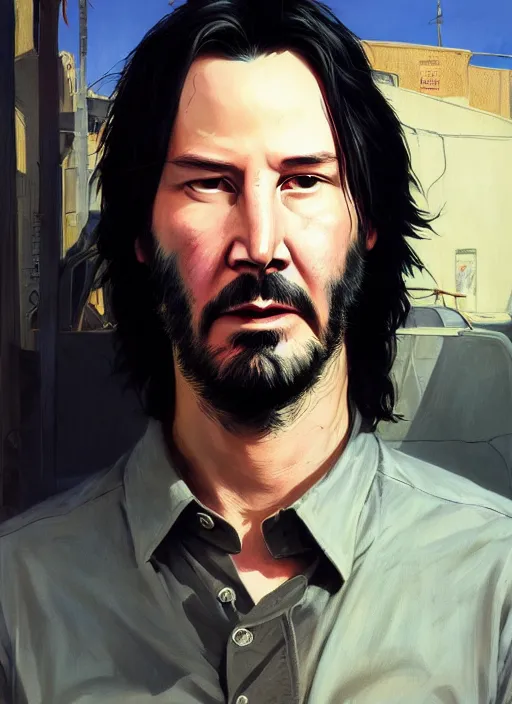 Image similar to highly detailed portrait of keanu reeves in gta v, stephen bliss, unreal engine, fantasy art by greg rutkowski, loish, rhads, ferdinand knab, makoto shinkai and lois van baarle, artgerm, pixar, ilya kuvshinov, rossdraws, tom bagshaw, global illumination, radiant light, detailed and intricate environment