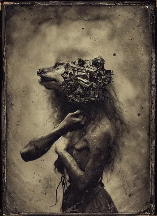 Image similar to old wetplate daguerreotype portrait of the werewolf woman, explosion of data fragments, fractal, intricate, elegant, highly detailed, parallax, leica, medium format, subsurface scattering, by jheronimus bosch and greg rutkowski and louis jacques mande daguerre