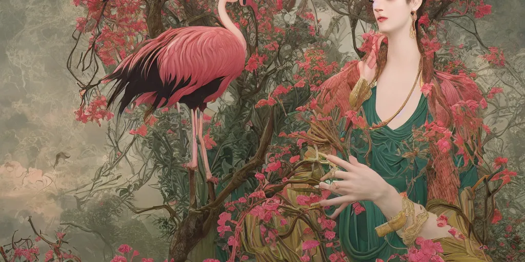 Image similar to breathtaking detailed concept art painting of the goddess of flamingo, orthodox saint, with anxious, piercing eyes, ornate background, amalgamation of leaves and flowers, by Hsiao-Ron Cheng and John James Audubon, extremely moody lighting, 8K