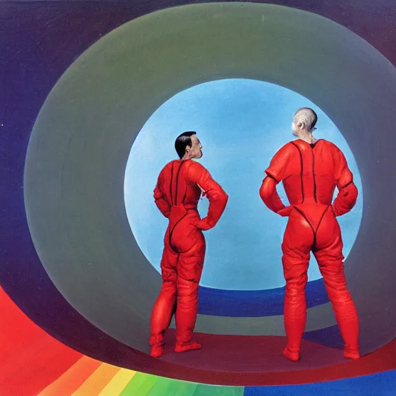 Prompt: two scientist wearing red rick owens flight suits inside the glowing geometric rainbow portal to the sixth dimension by frank frazetta