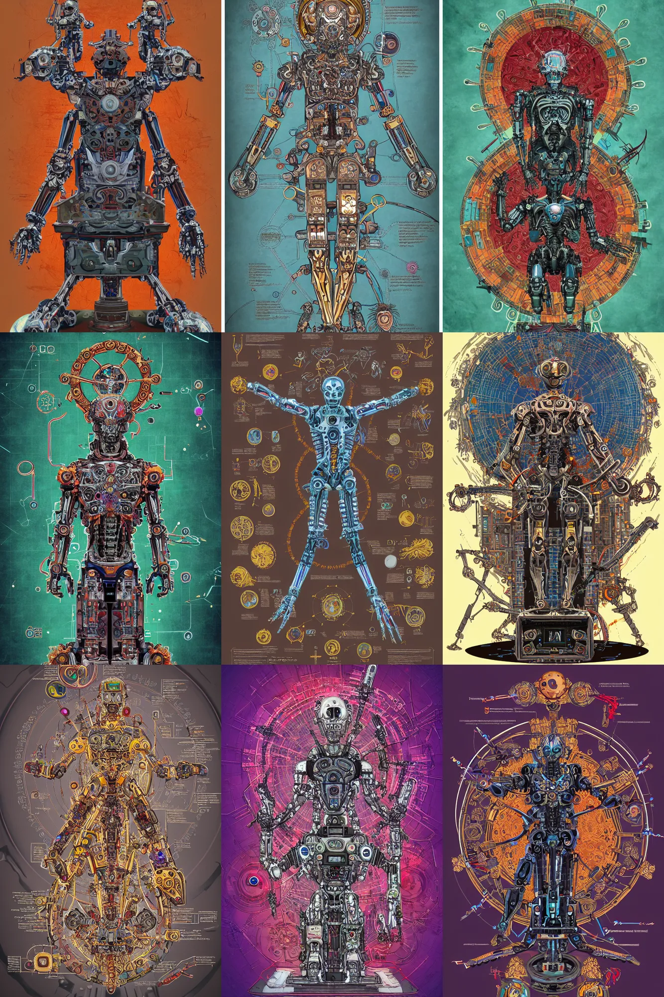 Prompt: anatomy of the vitruvian terminator, robot, cyborg, t 1 0 0, bloodborne, psychedelic colors diagrams, mystical, sat on robot throne, intricate ornamental tower floral flourishes, rule of thirds, technology meets fantasy, map, infographic, concept art, art station, style of wes anderson