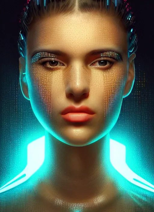 Prompt: photorealistic an european female humanoid with freckle cheeks, braided hairstyle, cyber neon lighting, futurism, cyberpunk high fashion, glamor profile pose, intricate details, crispy quality, digital photography, trending in artstation, trending in pinterest, cinematic, 4 k ultra hd, art by artgerm, art by greg rutkowski, art by pascal blanche,
