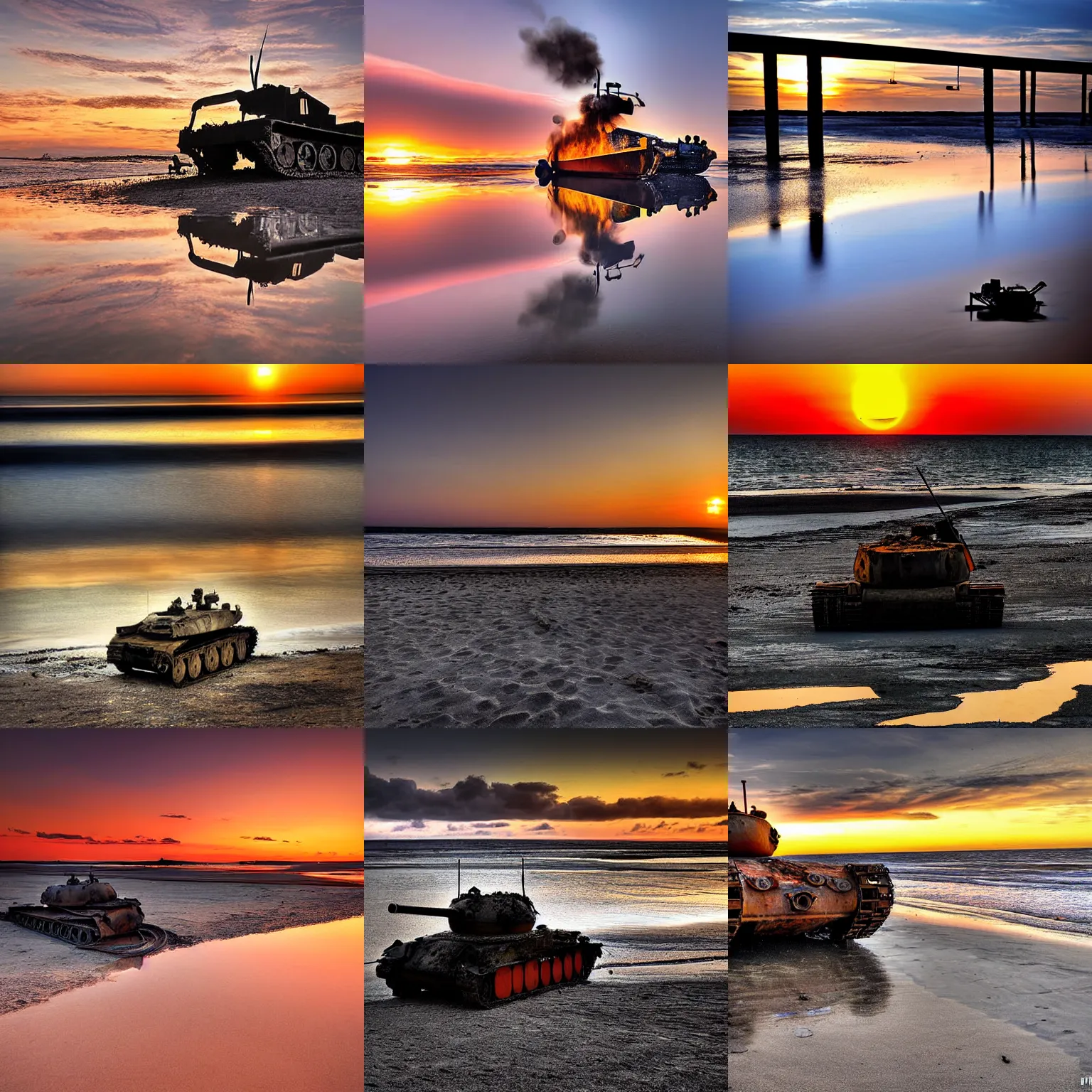 Prompt: destroyed burning tank on an empty beach, reflections, award winning photograph, sunset