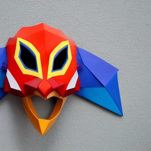 Image similar to majoras mask as a realistic wearable mask. polygonal. very colorful.