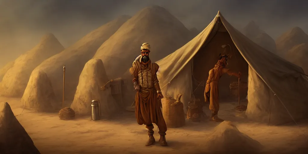 Image similar to a camel - like anthropomorphic merchant trader in a tent, matte oil painting, retrofuturistic, concept art, science fantasy, mutant, lgbt, queer, rpg, epic, rusted, white salt, badlands, jungles, dungeons & dragons, sacred, sharp focus, award - winning, extremely detailed, 4 k, 8 k