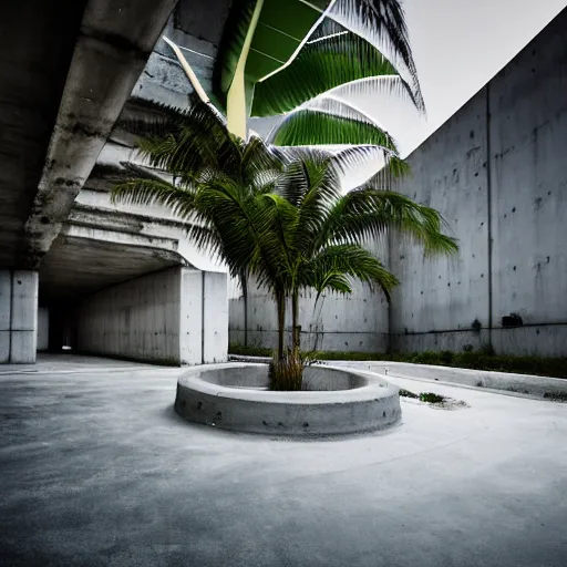 Image similar to noisy color photograph of a concrete underground retrofuturist liminal space, sky made of concrete, staggered terraces, centered palm tree growing out of concrete, hidden area, unknown space, minimalist, cinematic, soft vintage glow