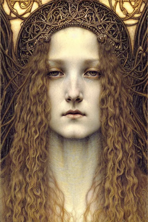 Image similar to detailed realistic beautiful young medieval queen face portrait by jean delville, gustave dore and marco mazzoni, art nouveau, symbolist, visionary, gothic, pre - raphaelite. horizontal symmetry