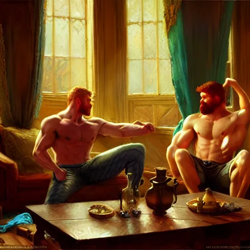 Image similar to attractive muscular mike with ginger hair with attractive tyler with brunet hair, drinking their hearts out, in their noble mansion. image defined to the maximum, highly detailed painting by gaston bussiere, craig mullins 8 k