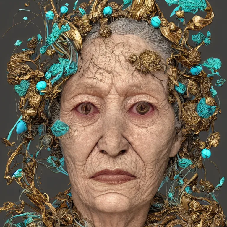 Prompt: cinema 4d colorful render, organic, dark scene, ultra detailed, of a porcelain old woman's face. biomechanical, analog, macro lens, beautiful natural soft rim light, big leaves and large transparent grasshoppers, stems, roots, fine foliage lace, turquoise gold details, high fashion haute couture, art nouveau fashion embroidered, intricate details, mesh wire, mandelbrot fractal, anatomical, facial muscles, cable wires, elegant, hyper realistic, in front of dark flower pattern wallpaper, ultra detailed