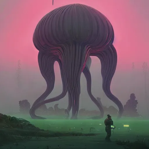 Image similar to giant eldritch horror, simon stalenhag