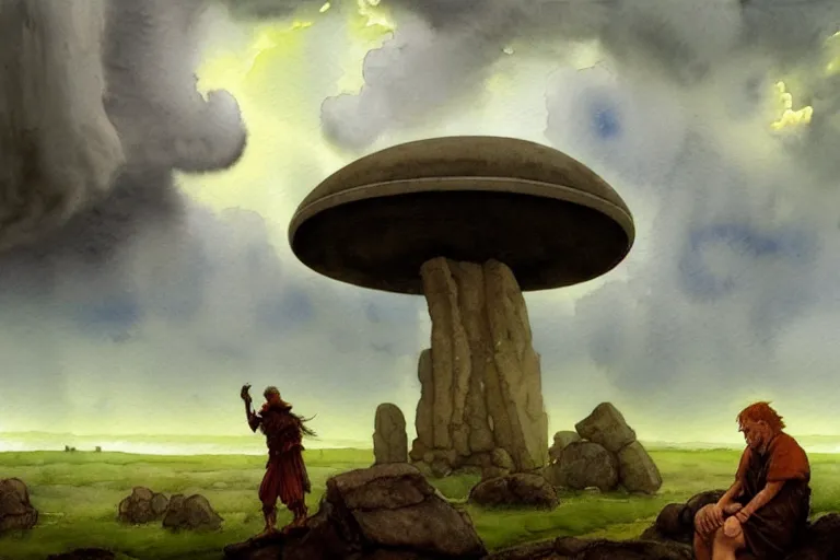 Prompt: a hyperrealist watercolor concept art of a giant ufo in the sky above a megalithic ruin during a thunderstorm. a dirty medieval peasant is in the foreground. very muted colors, by rebecca guay, michael kaluta, charles vess. high detail, hq, wide shot, 4 k