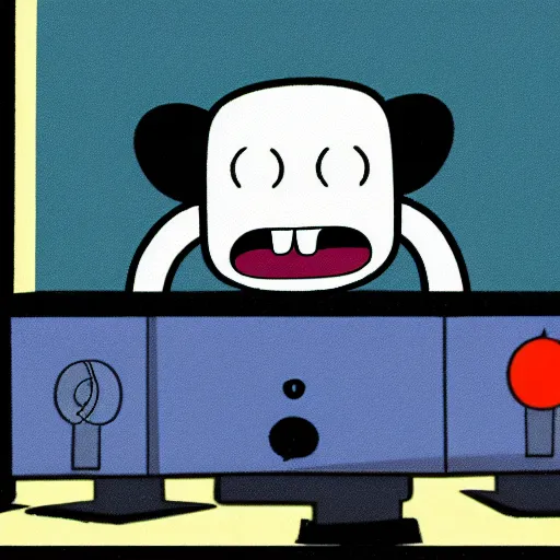 Prompt: a person with bloodshot eyes and tongue out staring at the computer with despondence, adventure time style