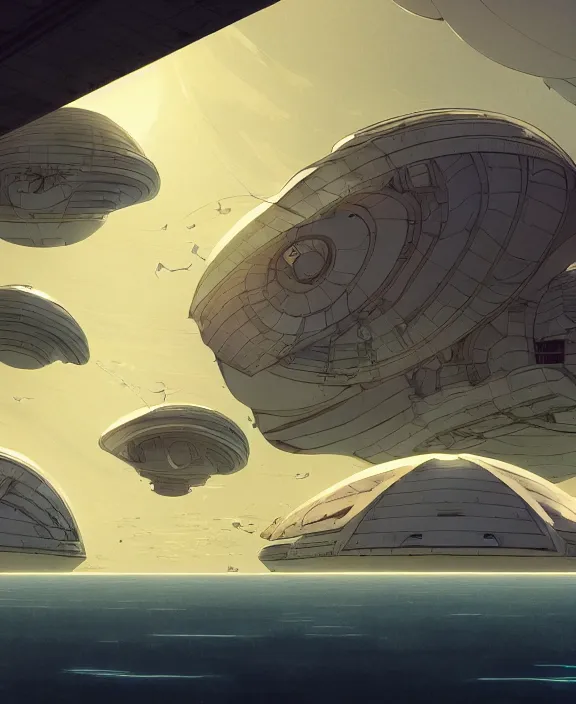 Image similar to simplicity, three buildings made out of nautilus, in the style of a spaceship, partly cloudy, dramatic lighting, by geof darrow, bill sienkiewicz, dan mumford, yusuke murata, makoto shinkai, ross tran, cinematic, unreal engine, cel shaded, featured on artstation, pixiv