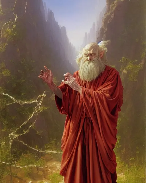 Image similar to A lawful good dnd wizard, he wears robes. Award winning oil painting by Thomas Cole and Wayne Barlowe. Highly detailed