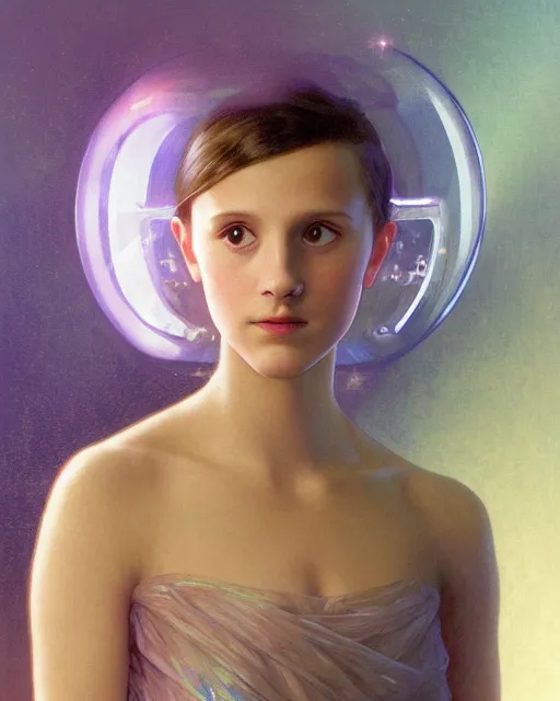 Image similar to a portrait painting of a shy, blushing 1 6 - year old alicia vikander or millie bobby brown, backlit, wearing a futuristic translucent iridescent plastic space suit in a space station, elegant, highly detailed, artstation, concept art, by krenz cushart and donato giancola and william adolph bouguereau and alphonse mucha