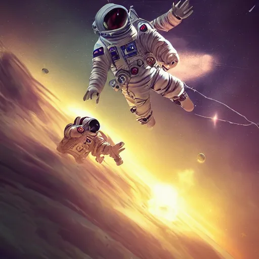 Image similar to an epic portrait of an astronaut entering microscopic multiverse of atoms madness with a tiny micro spaceship, cinematic lighting, trending on Artstation, highly detailed, insane details