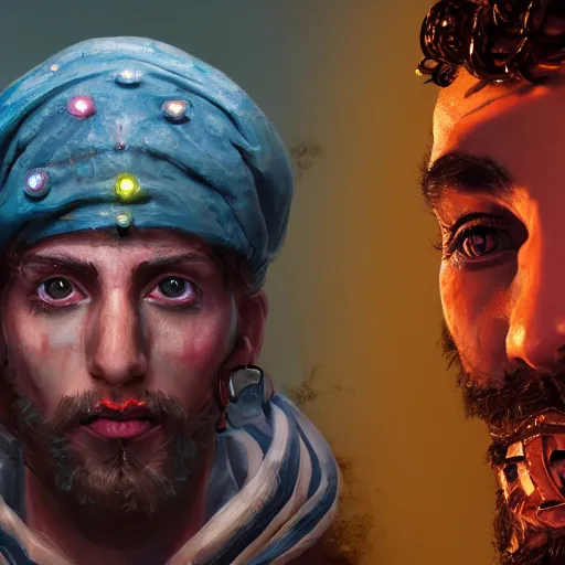 Image similar to an oil art close up portrait of young man, roma mage, with lovecraftian magic in style of disco elysium character, gipsy man jester character design from ravenloft, 4 k, ultra detail, volumetric lighting, unreal engine, octane render